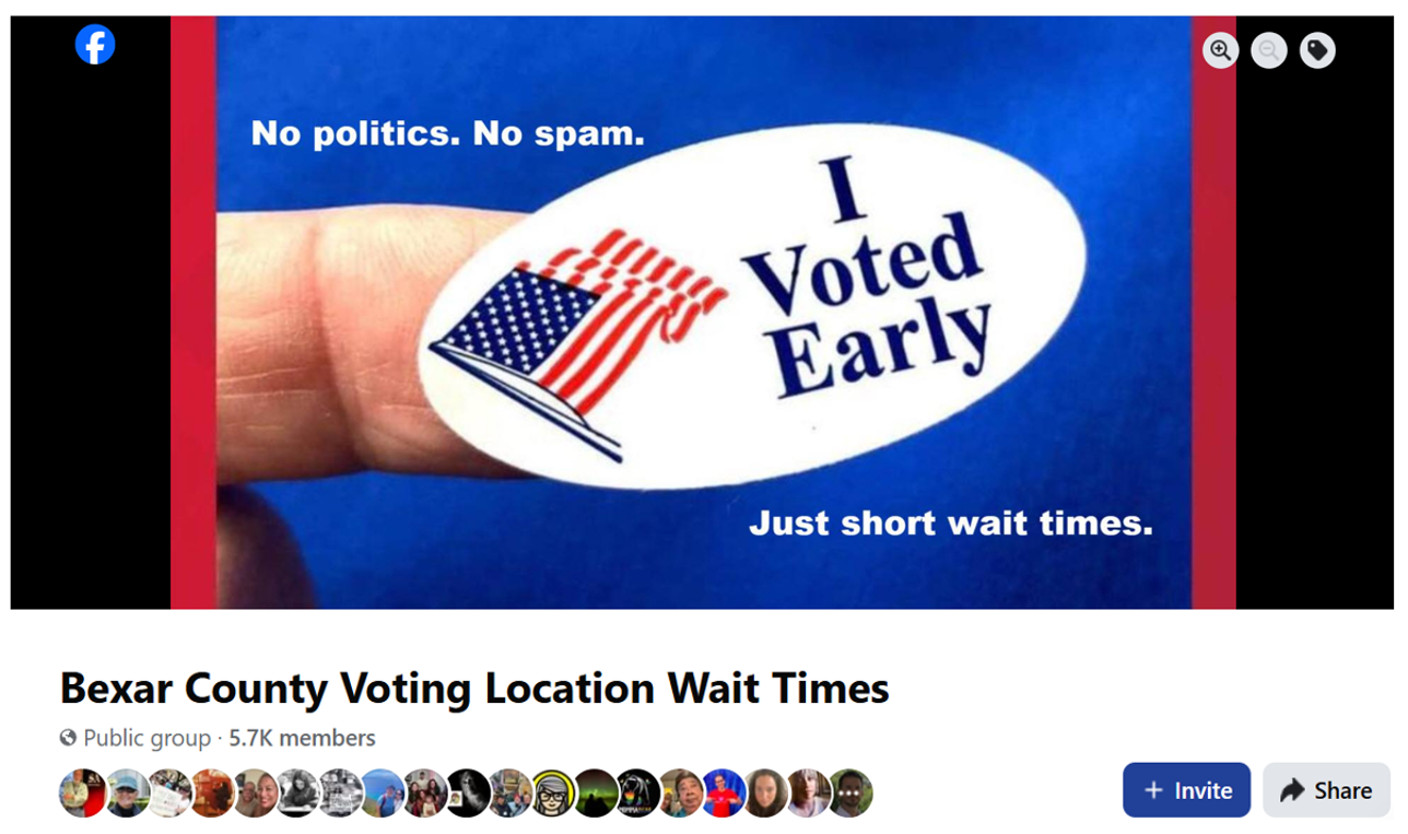 Screenshot of Bexar County Voting Location Wait Times Facebook group