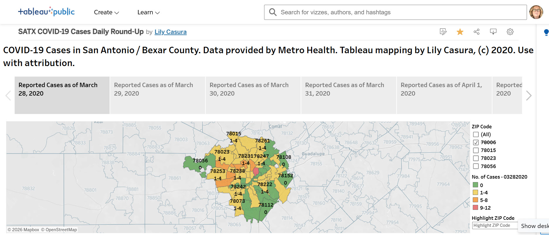 SATX COVID-19 Cases Daily Round-Up — Tableau mapping by Lily Casura, 2020