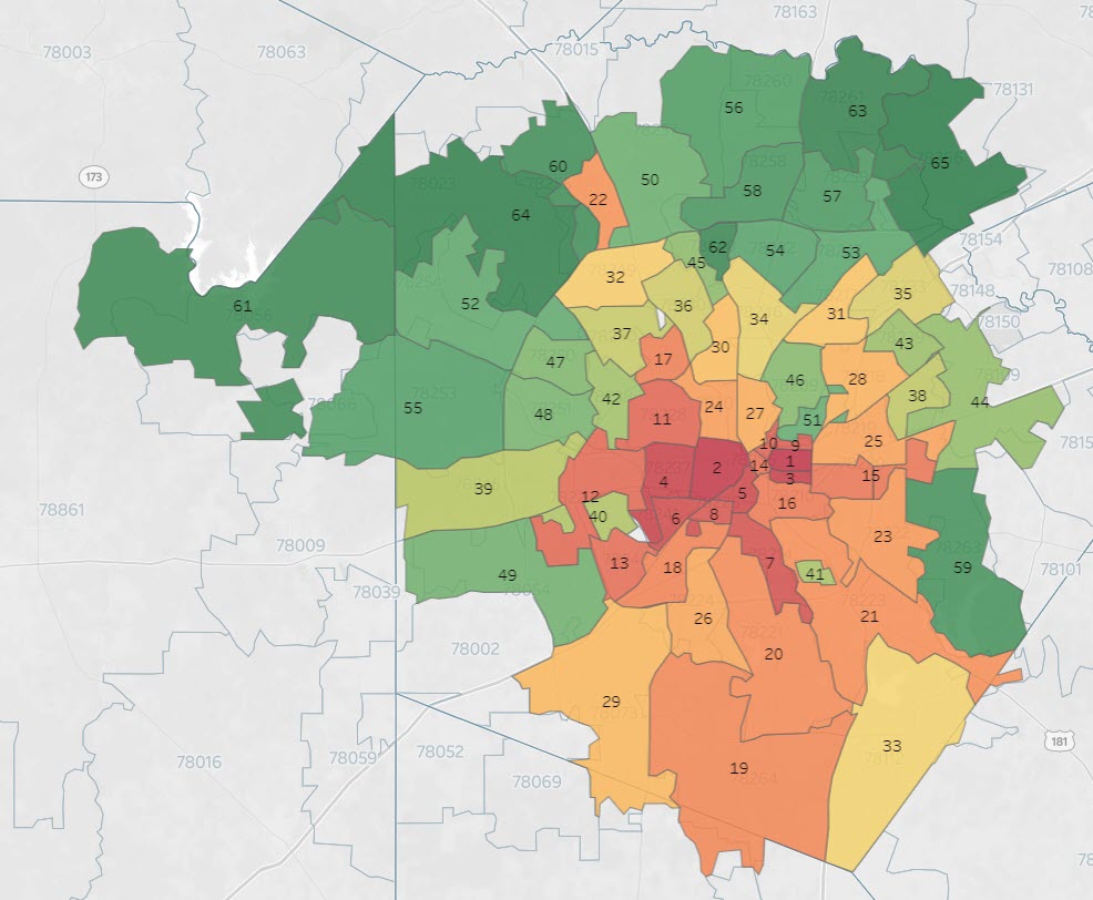 Hardship index map of San Antonio by ZIP code, green to red gradient