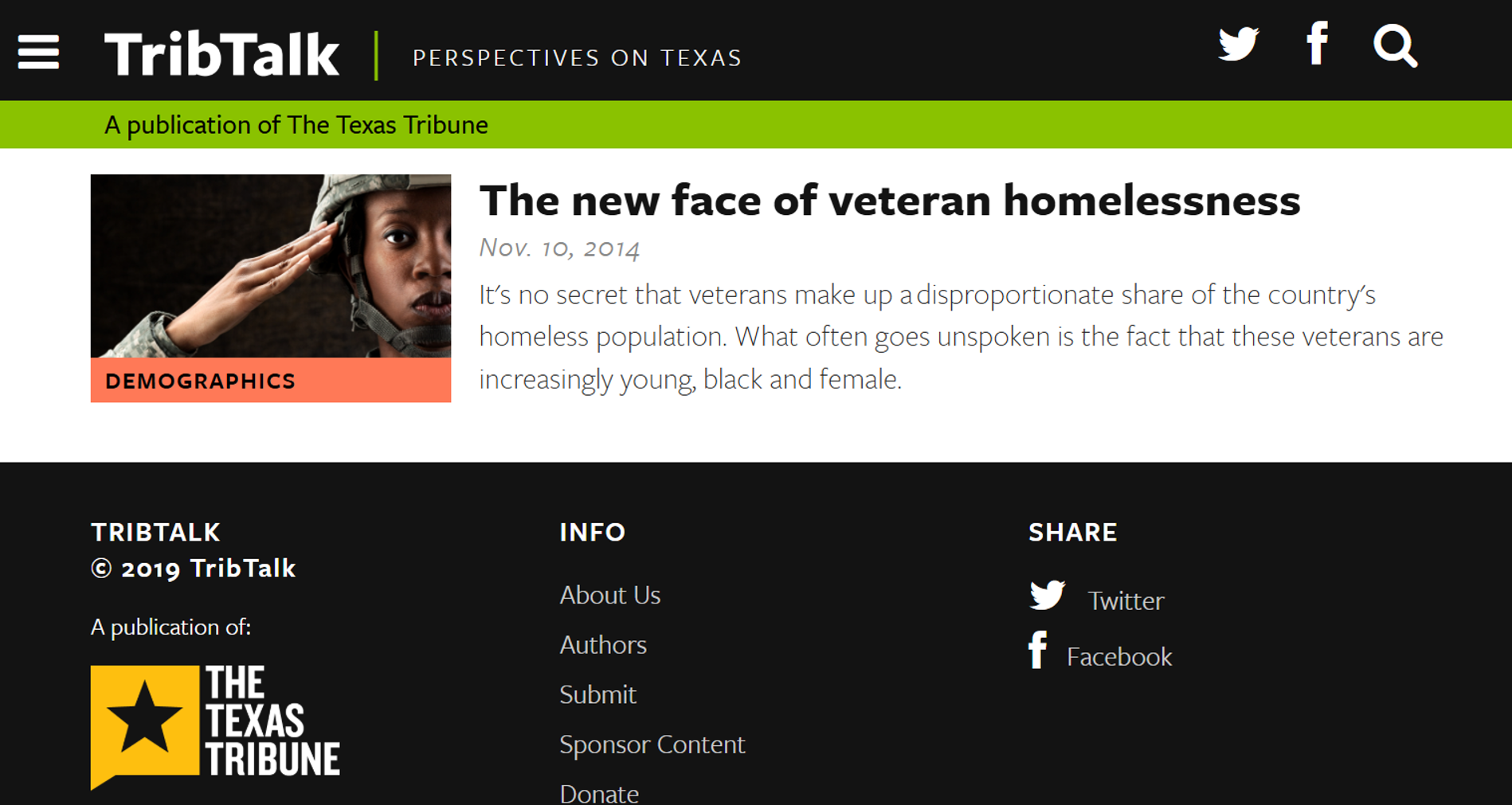 The New Face of Veteran Homelessness — Texas Tribune, November 2014