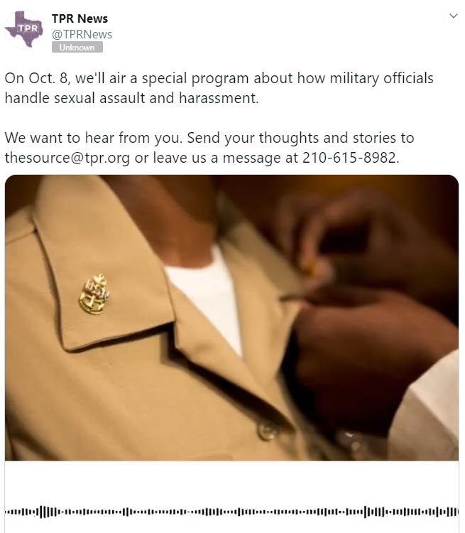 Texas Public Radio tweet about special program on military sexual assault and harassment