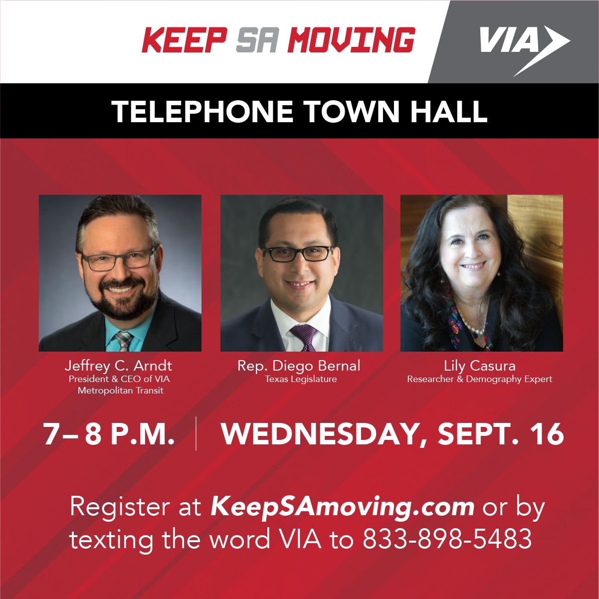 VIA Keep SA Moving Telephone Town Hall flyer featuring Lily Casura