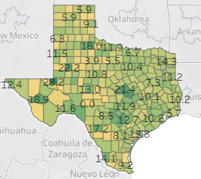 Women veterans in Texas by county, percentage map