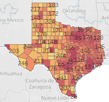Map of women veterans at risk for homelessness in Texas by county